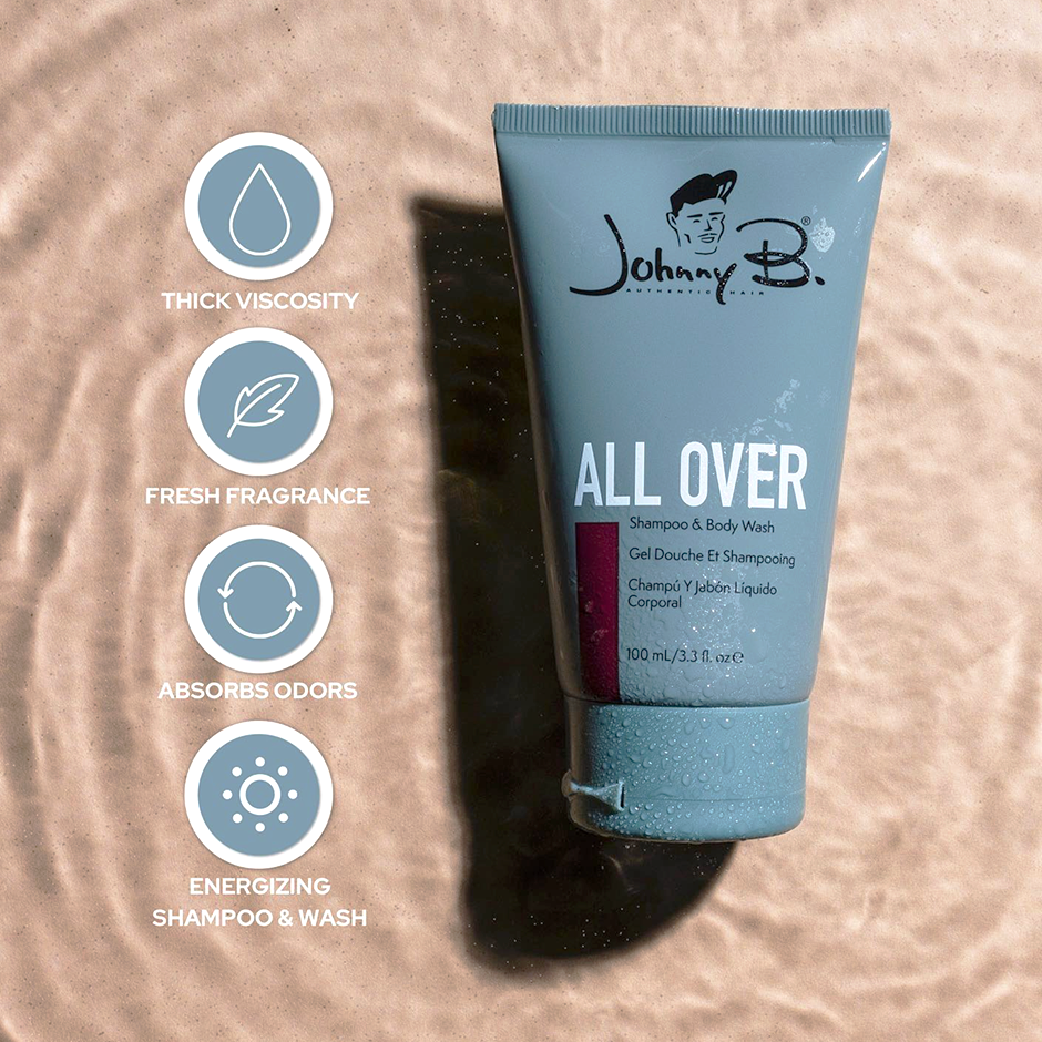 All Over infographic: thick viscosity, fresh fragrance, absorbs odors, energizing shampoo and wash