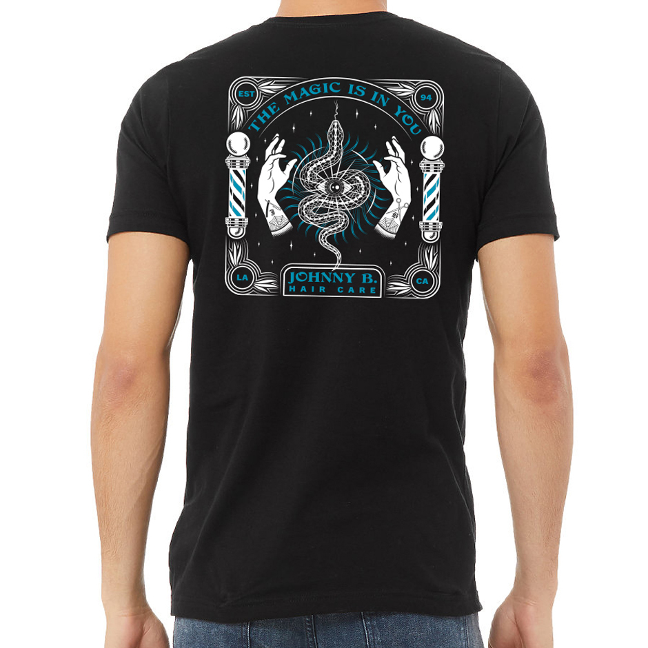 Johnny B. black "The Magic Is In You" T-shirt. "The Magic Is In You" artwork in white and blue.