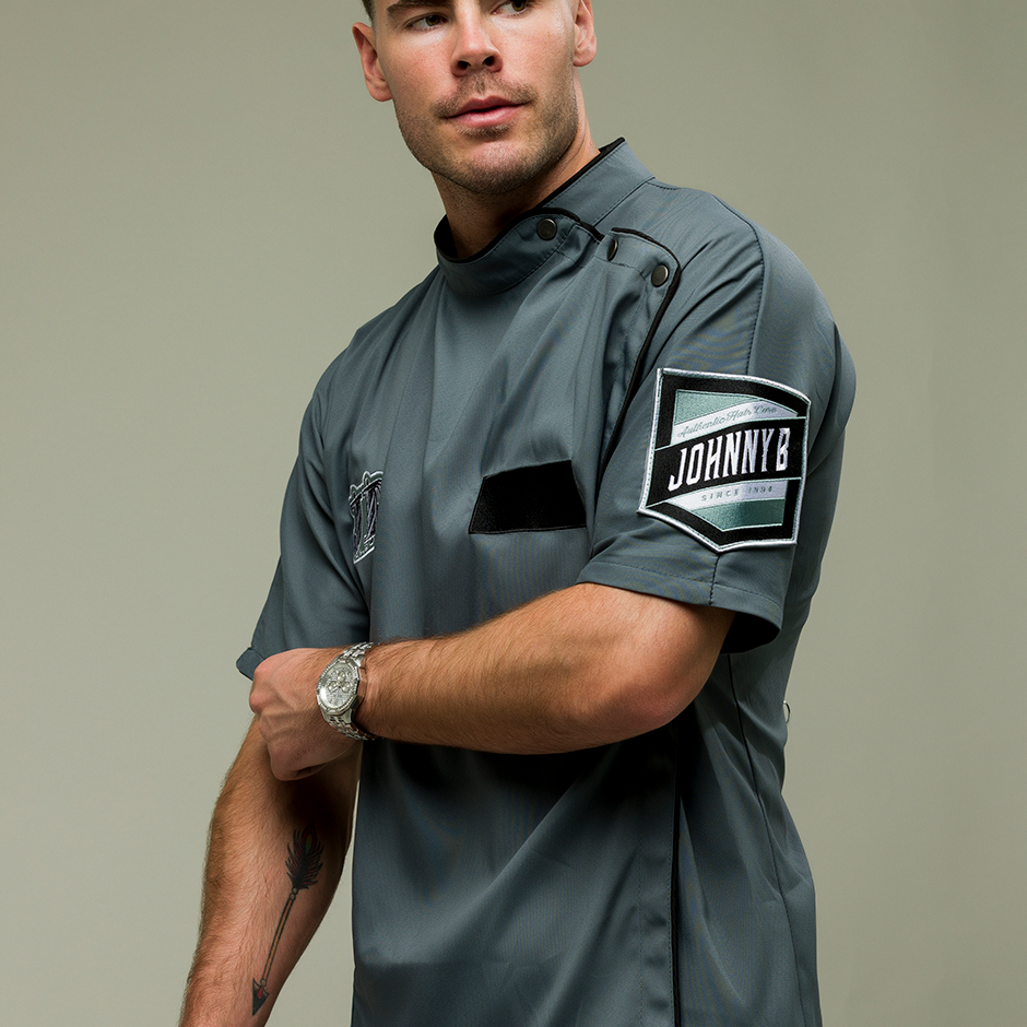 Model wearing gray Retro Smock