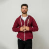 Model wearing Johnny B maroon zip hoodie (front)