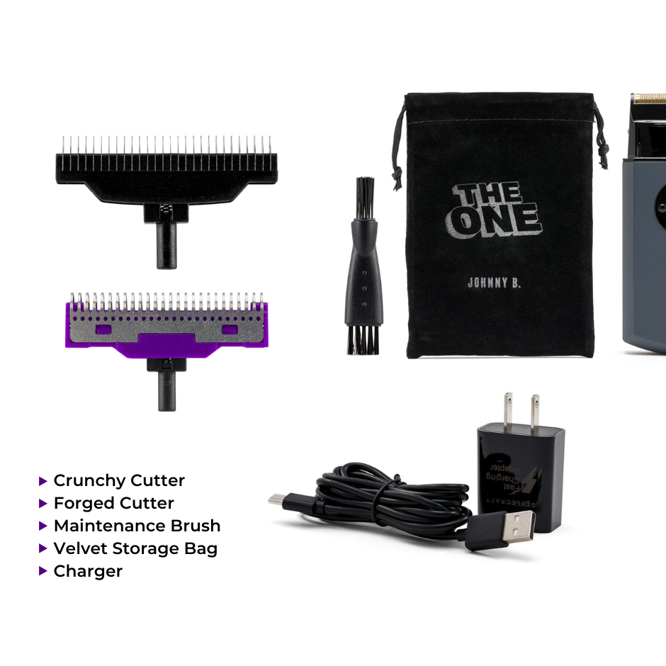 Accessories that come with The One: crunchy cutter, forged cutter, maintenance brush, storage bag, charger